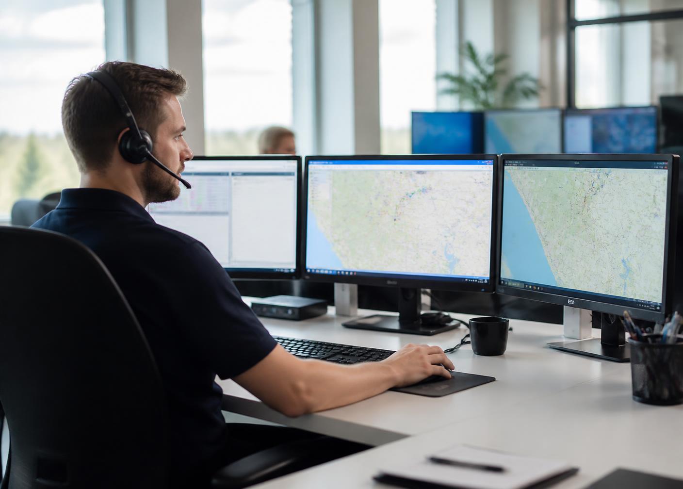 Dispatcher reviewing live shipment maps on multiple monitors