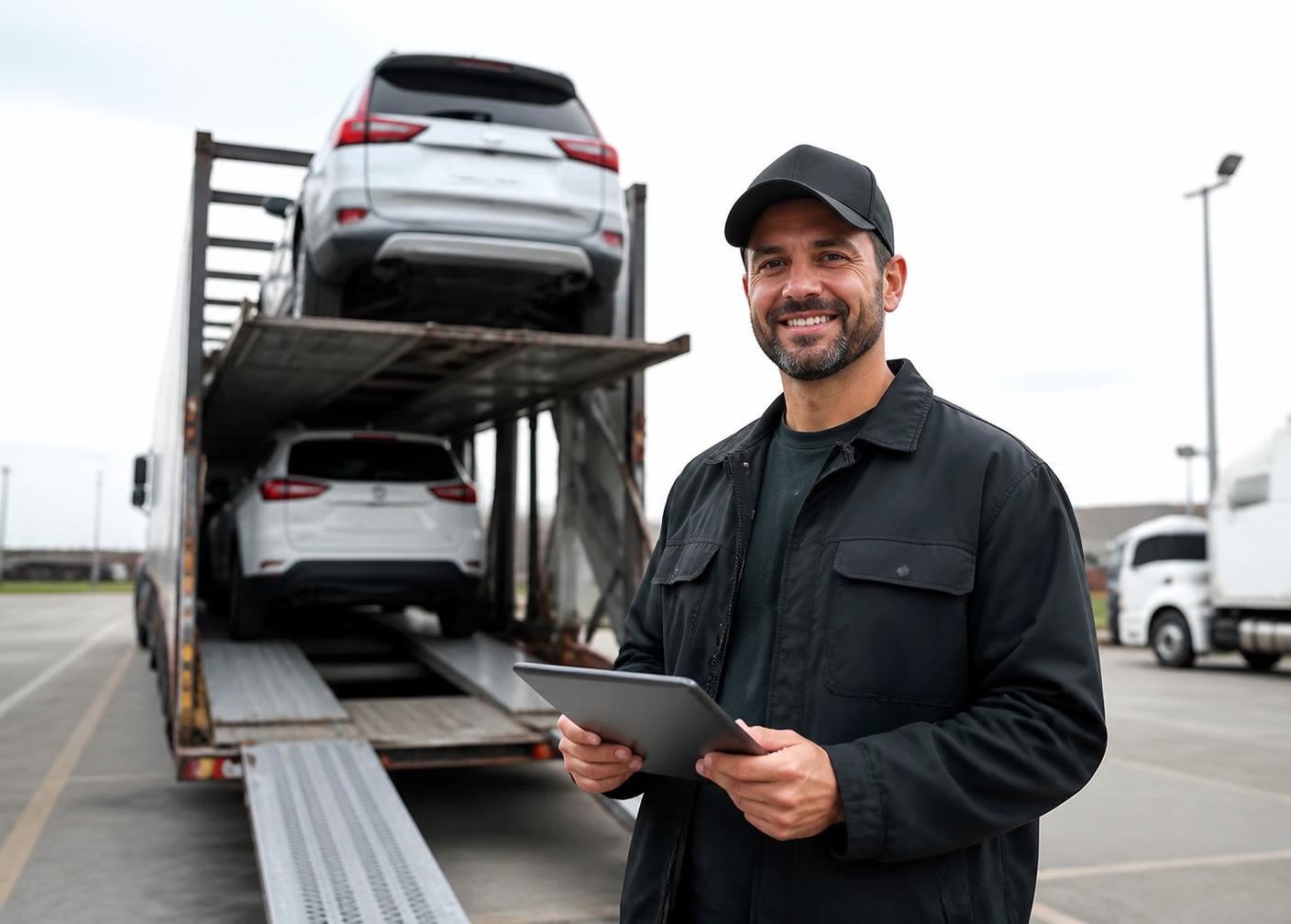 Carrier driver with a tablet beside a loaded auto transport trailer
